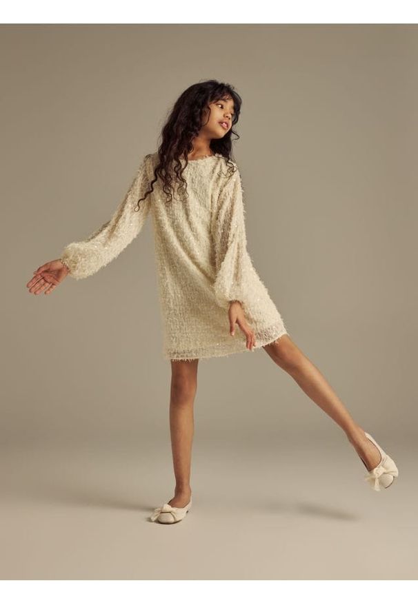 Reserved - Sukienka z cekinami - jasnożółty. Kolor: żółty. Materiał: tkanina. Typ sukienki: proste