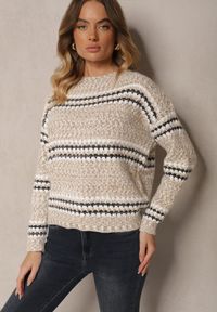 Renee - Ciemnobeżowy Sweter z Bawełną w Paski Siadora. Okazja: na spotkanie biznesowe. Kolor: beżowy. Materiał: bawełna. Wzór: paski. Styl: elegancki, biznesowy