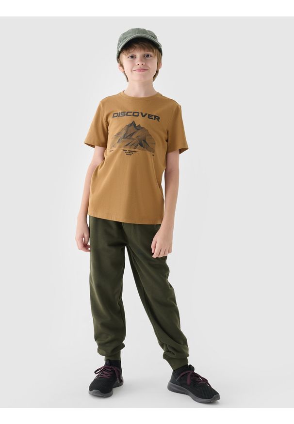 4f - 4F T-shirt z nadrukiem chłopięcy - żółty 146 (10-11 lat). Okazja: na co dzień. Kolor: żółty. Materiał: bawełna, jersey, dzianina. Długość rękawa: krótki rękaw. Długość: krótkie. Wzór: nadruk. Sezon: lato. Styl: sportowy, klasyczny, casual