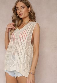 Renee - Beżowa Dzianinowa Kamizelka Top z Bawełny Editna. Kolor: beżowy. Materiał: dzianina, bawełna. Wzór: ażurowy. Sezon: lato, wiosna. Styl: klasyczny