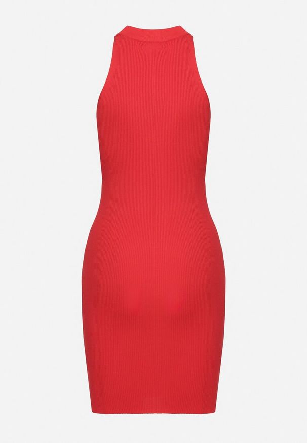 Born2be - Czerwona Dopasowana Sukienka Mini z Ozdobnym Dekoltem z Prążkowanej Dzianiny Kaile. Kolor: czerwony. Materiał: prążkowany, dzianina. Długość rękawa: bez rękawów. Wzór: ażurowy. Długość: mini