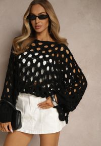 Renee - Czarny Nietoperzowy Sweter z Dzianiny z Wełną o Ażurowym Splocie Filarasea. Okazja: na co dzień. Kolor: czarny. Materiał: dzianina, wełna. Wzór: ażurowy, ze splotem. Styl: klasyczny, elegancki, casual #5