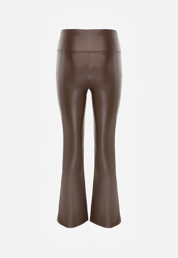 Renee - Brązowe Spodnie o Fasonie Dzwonów z Ekoskóry i z Gumką w Pasie Dawi. Okazja: na co dzień. Kolor: brązowy. Materiał: skóra, materiał. Styl: casual