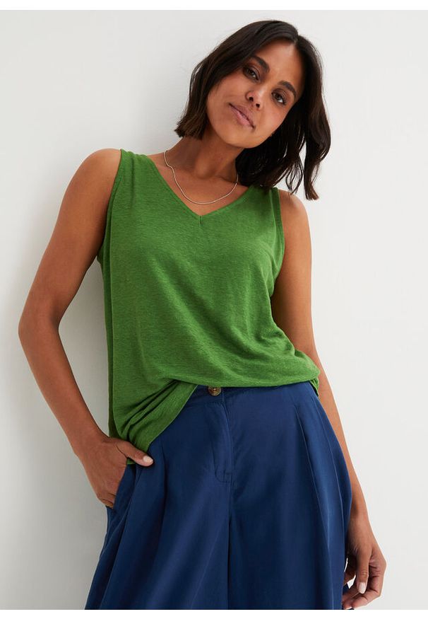 bonprix - Tank top z czystego lnu. Kolor: zielony. Materiał: len. Sezon: lato