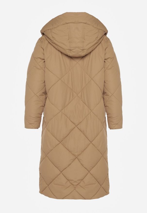 Born2be - Ciemnobeżowa Kurtka Płaszcz z Geometrycznym Pikowaniem Johnatta. Kolor: beżowy. Wzór: geometria