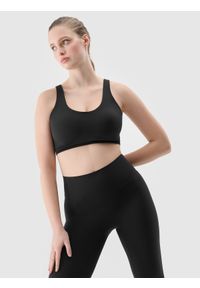 4f - 4F Biustonosz treningowy ze średnim wsparciem damski - czarny L. Kolor: czarny. Materiał: guma, elastan, materiał, włókno, dzianina, skóra, syntetyk. Wzór: ze splotem, gładki, jednolity. Sport: kolarstwo, bieganie, fitness #1