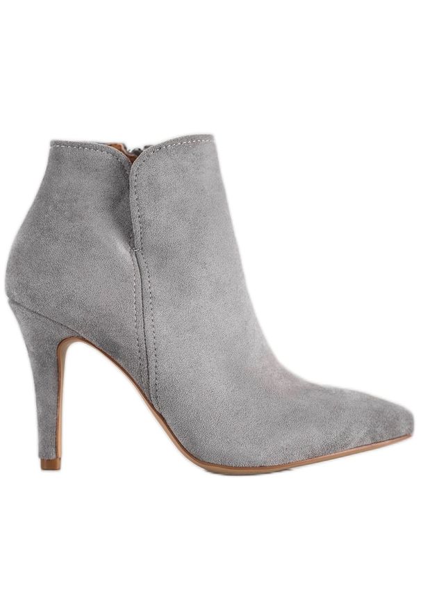 BELLA PARIS - Bella Paris Klasyczne Botki Na Szpilce szare. Kolor: szary. Materiał: tkanina, denim. Wzór: aplikacja. Obcas: na szpilce. Styl: klasyczny