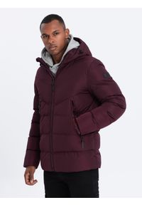 Ombre Clothing - Kurtka męska zimowa z nietypowym pikowaniem - bordowa V5. Typ kołnierza: kołnierzyk stójkowy. Kolor: czerwony. Materiał: polar, poliester. Sezon: zima #1