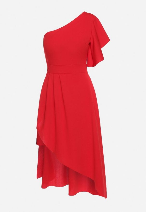 Born2be - Czerwona Koktajlowa Sukienka Asymetryczna na Jedno Ramię z Falbankami Vimilora. Typ kołnierza: kołnierz z falbankami. Kolor: czerwony. Materiał: materiał. Typ sukienki: asymetryczne. Styl: wizytowy