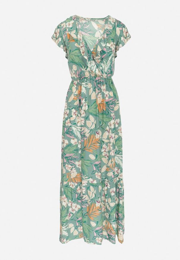 Born2be - Zielona Sukienka w Kwiaty z Wiskozy z Kopertowym Dekoltem Narma. Typ kołnierza: dekolt kopertowy. Kolor: zielony. Materiał: wiskoza. Długość rękawa: krótki rękaw. Wzór: kwiaty. Typ sukienki: kopertowe. Długość: maxi