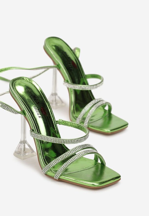Born2be - Zielone Sandały na Transparentnej Szpilce z Paskami w Cyrkonie Bouville. Zapięcie: pasek. Kolor: zielony. Styl: wizytowy