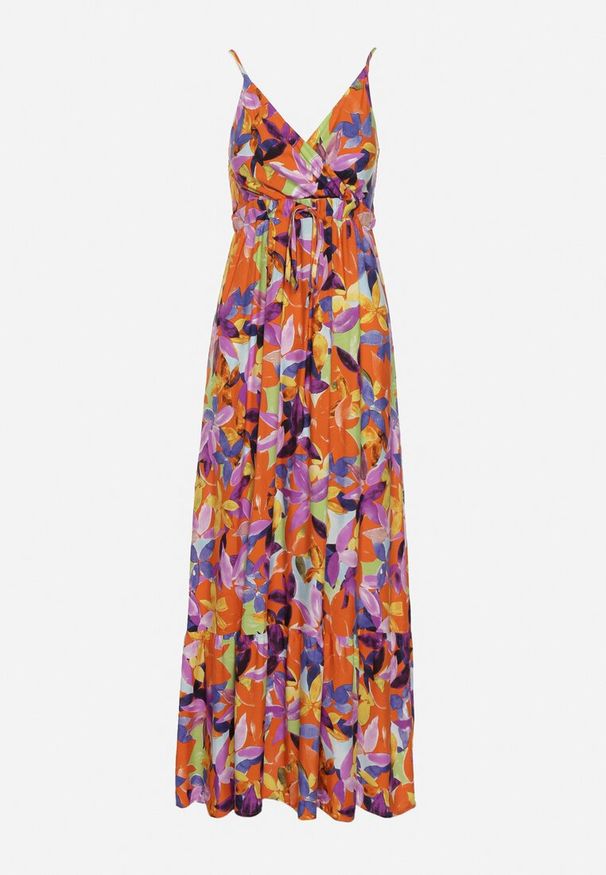 Born2be - Pomarańczowo-Fioletowa Wiskozowa Sukienka na Ramiączkach z Kopertowym Dekoltem i Gumką w Talii z Tiamalen. Okazja: na co dzień, na imprezę. Typ kołnierza: dekolt kopertowy. Kolor: pomarańczowy. Materiał: wiskoza. Długość rękawa: na ramiączkach. Wzór: aplikacja. Typ sukienki: kopertowe. Styl: wizytowy, klasyczny, casual, elegancki