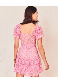 LOVE SHACK FANCY - Różowa sukienka mini Kimbra. Typ kołnierza: dekolt kwadratowy. Kolor: różowy, wielokolorowy, fioletowy. Materiał: jedwab. Wzór: aplikacja, kwiaty. Styl: vintage. Długość: mini #4