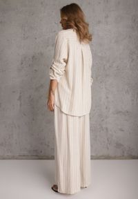 Renee - Jasnobeżowy Komplet z Wiskozy i Lnu w Delikatne Prążki Koszula i Spodnie Wide Leg Cliffesa. Kolor: beżowy. Materiał: wiskoza, len. Wzór: prążki #5
