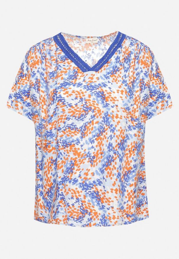 Born2be - Niebieska Wiskozowa Bluzka z Krótkim Rękawem i Dekoltem Typu V-Neck Natloza. Kolor: niebieski. Materiał: wiskoza. Długość rękawa: krótki rękaw. Długość: krótkie
