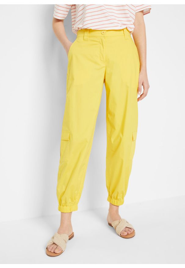 bonprix - "Spodnie bojówki ""papertouch"", O-shape". Kolor: żółty. Materiał: bawełna