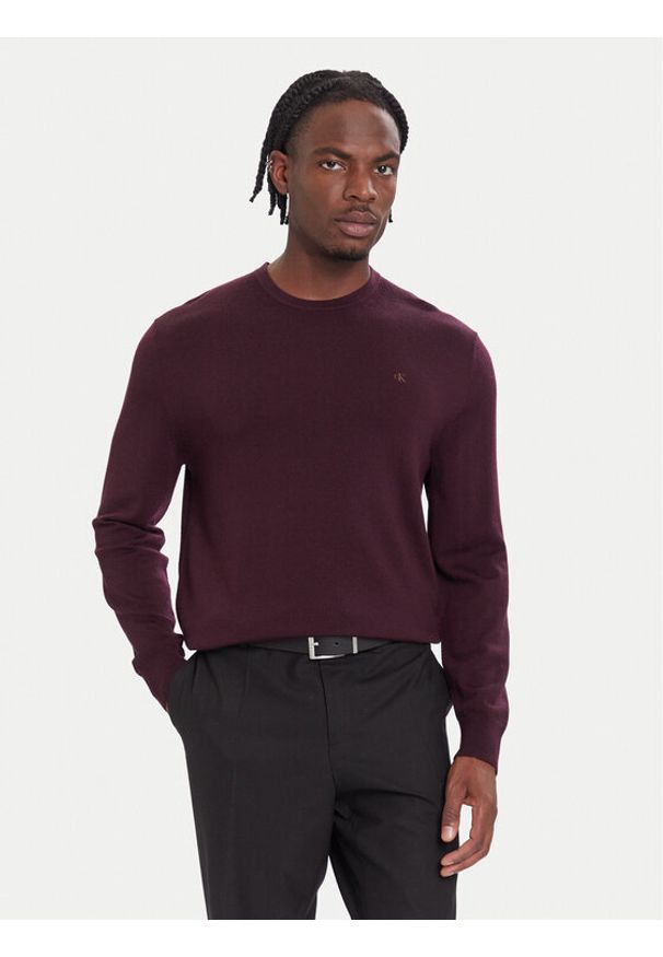 Calvin Klein Sweter LV04LB305G Bordowy Regular Fit. Kolor: czerwony. Materiał: wełna