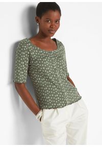 bonprix - Prążkowany T-shirt z kwiatowym nadrukiem, półdługie rękawy. Kolor: zielony. Materiał: prążkowany. Wzór: nadruk, prążki, kwiaty #1