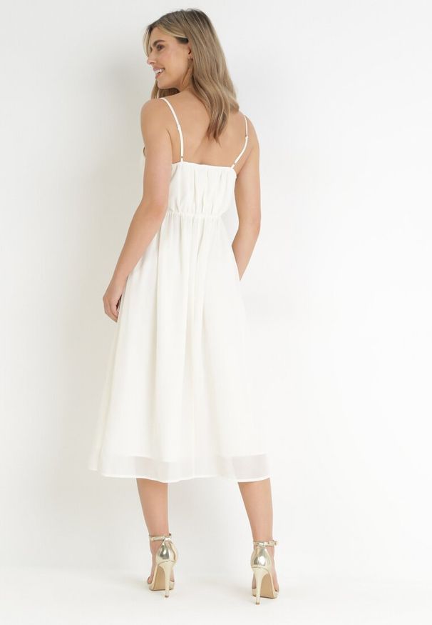 Born2be - Beżowa Rozkloszowana Sukienka Midi na Cienkich Ramiączkach z Wiązaniem w Talii Tessonne. Kolor: beżowy. Długość rękawa: na ramiączkach. Długość: midi