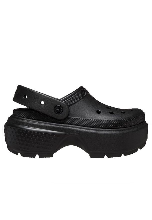 Klapki Crocs Stomp Clog 209347-001 - czarne. Kolor: czarny. Materiał: materiał. Sezon: lato. Obcas: na platformie. Styl: klasyczny