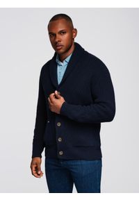 Ombre Clothing - Sweter bawełniany męski kardigan z szalowym kołnierzem - granatowy V1 - Rozmiar: XL. Okazja: na co dzień. Kolor: niebieski. Materiał: bawełna. Wzór: gładki, ze splotem. Styl: klasyczny, casual, elegancki #1