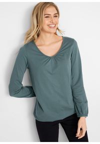 bonprix - Bluzka bawełniana z czystej bawełny z długim rękawem i gumką. Typ kołnierza: dekolt w serek. Kolor: zielony. Materiał: bawełna. Długość rękawa: długi rękaw. Długość: długie #1
