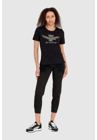 Aeronautica Militare - AERONAUTICA MILITARE Czarny bawełniany t-shirt damski z orłem wykonanym z dżetów, Rozmiar XS. Kolor: czarny. Materiał: bawełna