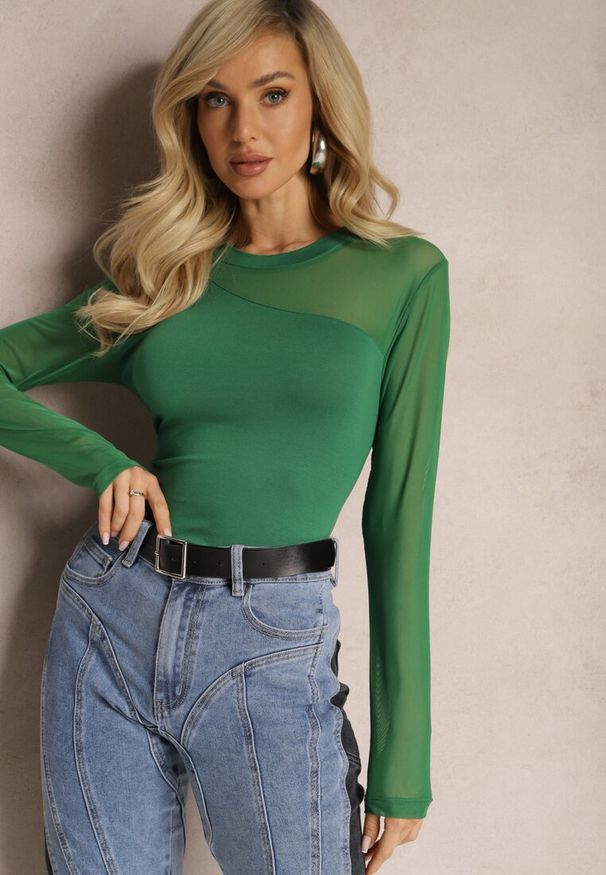 Renee - Zielona Asymetryczna Bluzka z Gładkiej Wiskozy z Rękawami z Siateczki Bangella. Kolor: zielony. Materiał: wiskoza. Wzór: gładki. Styl: elegancki