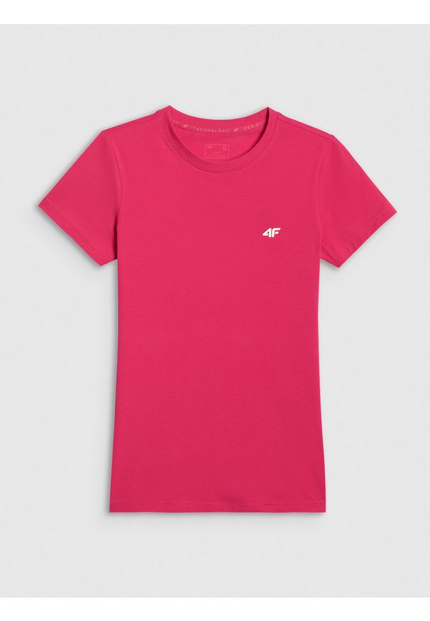 4f - 4F T-shirt slim gładki damski - różowy L. Okazja: na co dzień. Kolor: różowy. Materiał: bawełna, skóra, materiał, jeans. Wzór: gładki. Styl: casual, klasyczny