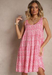 Renee - Różowa Rozkloszowana Sukienka z Bawełny z Abstrakcyjnym Wzorem Dorlio. Okazja: na co dzień. Kolor: różowy. Materiał: bawełna. Styl: klasyczny, casual #5