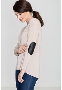 Katrus - Beżowy Sweter z Łatami na Rękawach. Kolor: beżowy. Materiał: elastan, akryl, poliester