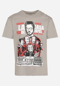 Born2be - Szary Klasyczny T-shirt z Bawełny z Dużym Nadrukiem Gunelia. Okazja: na co dzień. Kolor: szary. Materiał: bawełna. Wzór: nadruk. Styl: klasyczny #3