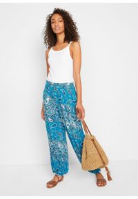 bonprix - Dżersejowe spodnie haremki z lejącej mieszanki wiskozy. Kolor: niebieski. Materiał: jersey, wiskoza. Wzór: nadruk, paisley #3
