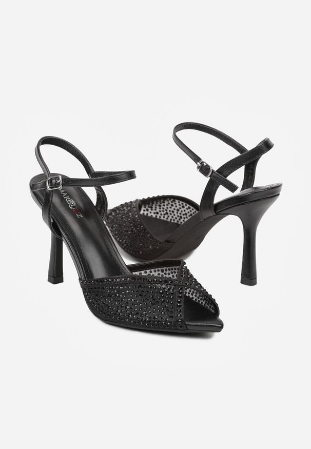 Renee - Czarne Eleganckie Sandały na Szpilce Ozdobione Cyrkoniami Viofera. Zapięcie: sprzączka. Kolor: czarny. Materiał: jeans. Wzór: aplikacja. Sezon: lato. Obcas: na szpilce. Styl: elegancki