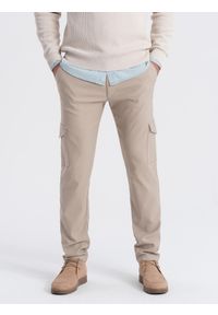 Ombre Clothing - Spodnie męskie materiałowe REGULAR z kieszeniami cargo - beżowe V3 - Rozmiar: XL. Kolor: beżowy. Materiał: materiał