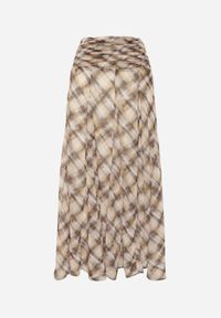 Born2be - Beżowo-Żółta Rozkloszowana Spódnica z Marszczonym Pasem w Talii w Stylu Preppy Jenniea. Okazja: do pracy, na co dzień, na spotkanie biznesowe. Kolor: beżowy. Materiał: dzianina, poliester. Styl: biznesowy, klasyczny, casual #6