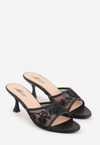 Renee - Czarne Siateczkowe Klapki na Metalicznej Szpilce z Imitacją Pereł i Haftem w Kwiaty Polia. Kolor: czarny. Materiał: satyna, tiul. Wzór: haft, kwiaty. Styl: glamour, elegancki #5