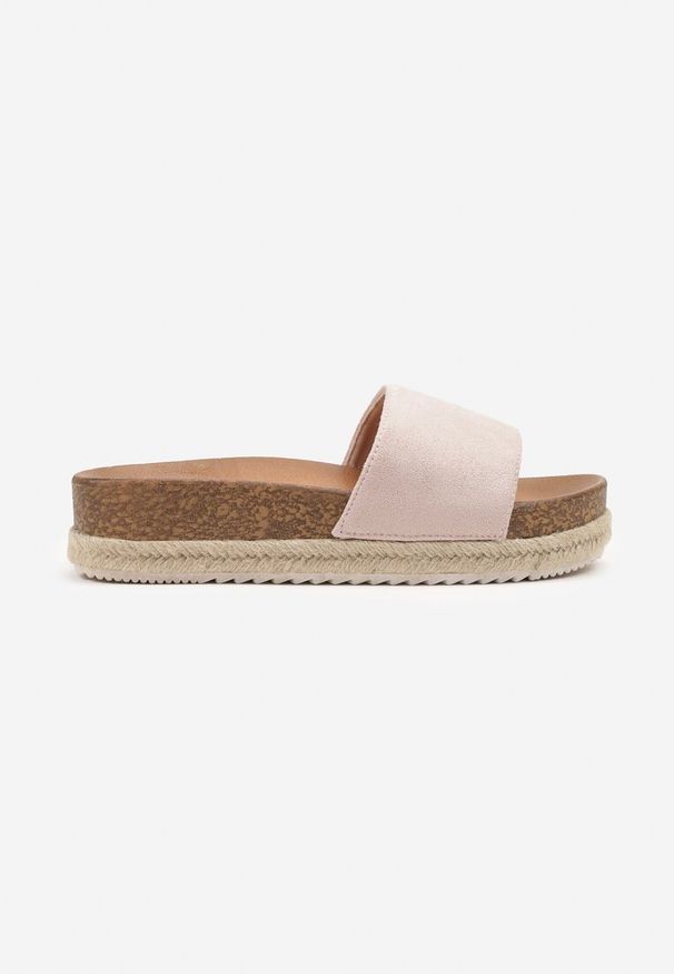 Renee - Różowe Klapki z Ekozamszu na Niskiej Platformie Marazelia. Okazja: na co dzień. Kolor: różowy. Materiał: jeans. Wzór: kwiaty. Obcas: na platformie. Styl: elegancki, casual