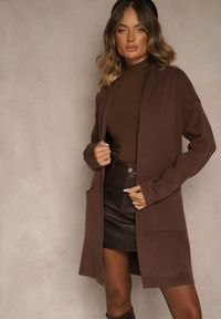 Renee - Brązowy Długi Niezapinany Kardigan z Kaszmirem Palmire. Okazja: na co dzień. Kolor: brązowy. Materiał: kaszmir. Długość: długie. Styl: casual
