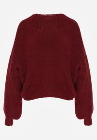 Born2be - Bordowy Kardigan Oversize z Wełną Zdobiony Kokardkami Eleathalie. Okazja: na co dzień. Typ kołnierza: kokarda. Kolor: czerwony. Materiał: wełna. Wzór: aplikacja. Styl: casual, elegancki #3