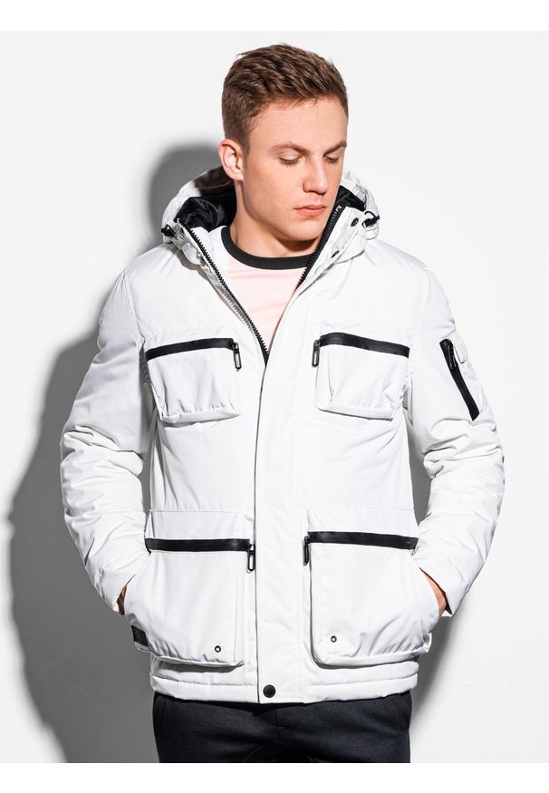 Ombre Clothing - Kurtka męska zimowa C450 - biała - XXL. Kolor: biały. Materiał: poliester. Wzór: aplikacja. Sezon: zima