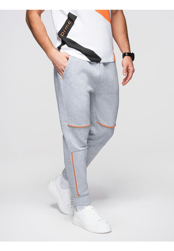 Ombre Clothing - Spodnie męskie dresowe z kontrastowymi przeszyciami - szary melanż V3. Kolor: szary. Materiał: dresówka. Wzór: melanż