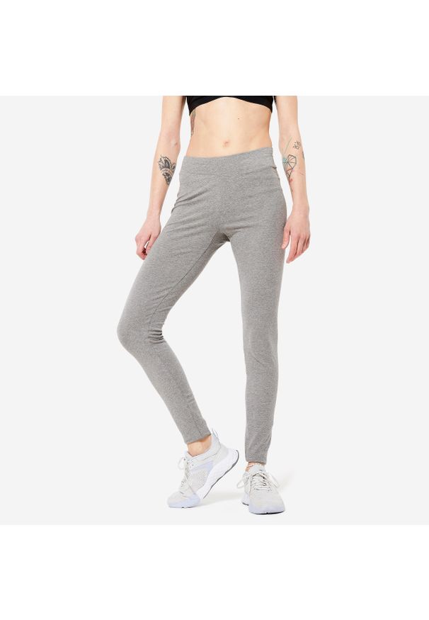 DOMYOS - Legginsy fitness damskie Domyos Fit+ 500 Slim. Kolor: szary. Materiał: materiał, bawełna, elastan. Długość: długie. Wzór: gładki. Sport: fitness