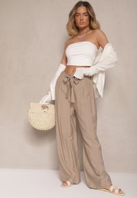 Renee - Ciemnobeżowe Spodnie z Wiskozy o Szerokim Kroju z Kokardą Ellioria. Okazja: na co dzień, na spacer. Kolor: beżowy. Materiał: wiskoza. Styl: casual, elegancki