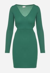 Born2be - Zielona Sukienka o Dopasowanym Kroju z Wycięciami w Talii Halassia. Okazja: na co dzień, na randkę. Typ kołnierza: dekolt w serek. Kolor: zielony. Długość rękawa: długi rękaw. Typ sukienki: dopasowane, proste. Styl: casual, elegancki #3