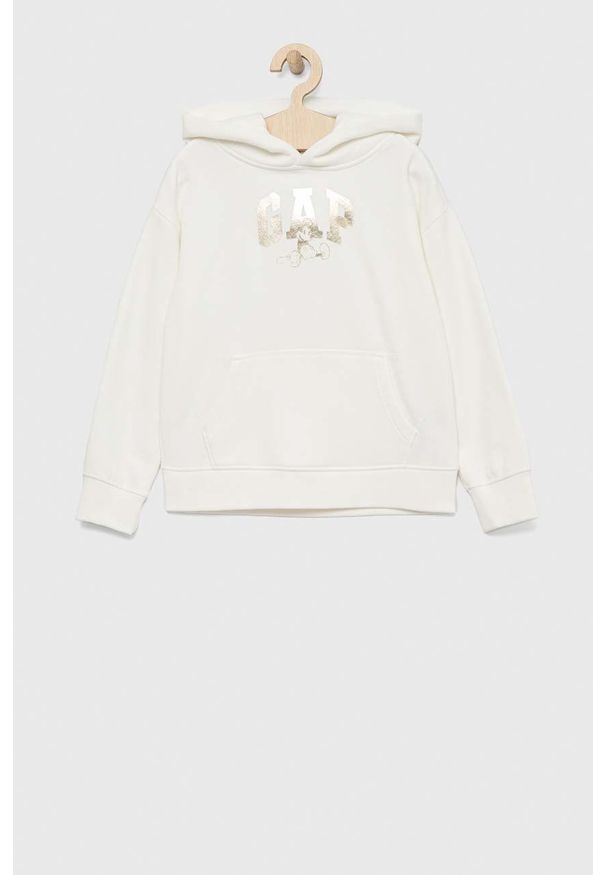 GAP bluza dziecięca x Disney kolor biały z kapturem z nadrukiem. Typ kołnierza: kaptur. Kolor: biały. Materiał: materiał. Wzór: nadruk, motyw z bajki