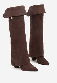 Renee - Brązowe Kozaki na Słupku w Stylu Kowbojek z Wywiniętą Cholewką i Ozdobą Neliesa. Okazja: na co dzień. Kolor: brązowy. Materiał: jeans. Szerokość cholewki: normalna. Wzór: aplikacja. Obcas: na słupku. Styl: casual #7