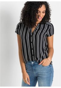 bonprix - Bluzka z krótkim rękawem z czystej wiskozy. Typ kołnierza: dekolt w serek. Kolor: czarny. Materiał: wiskoza. Długość rękawa: krótki rękaw. Długość: krótkie. Wzór: nadruk. Styl: elegancki #1