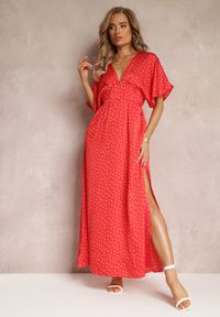 Renee - Czerwona Rozkloszowana Sukienka Maxi w Kropki z Głębokim Dekoltem Sallo. Kolor: czerwony. Wzór: kropki. Długość: maxi #1
