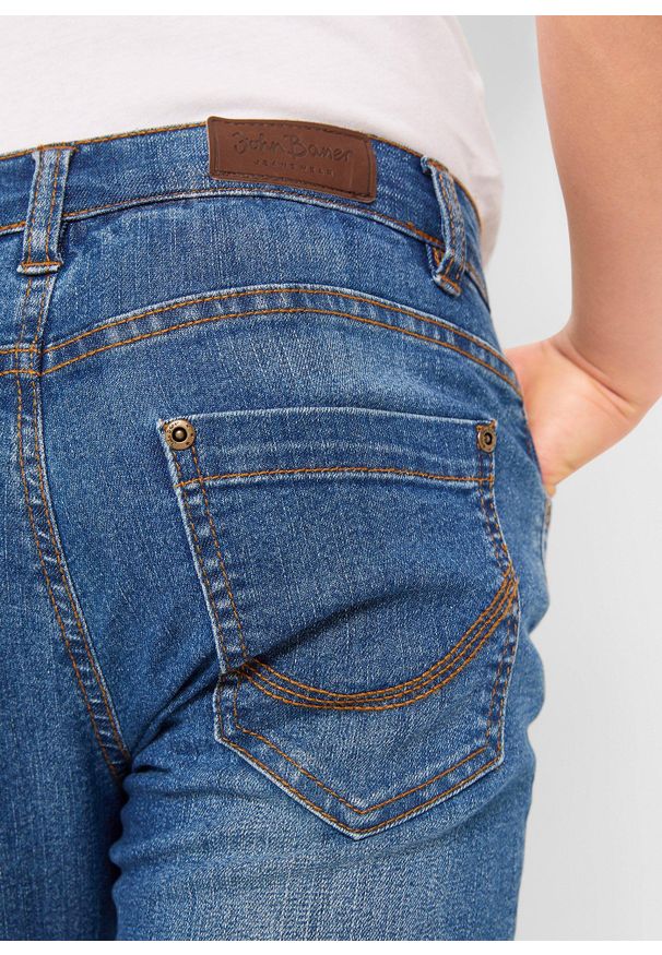 bonprix - Dżinsy ze stretchem o kroju regular fit, ze wzmocnioną częścią na kolana i prostymi nogawkami. Kolor: niebieski. Styl: klasyczny